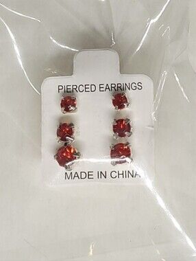 $1 | Red | Multi‑Size 3‑Pair Rhinestone Stud Earring Set
